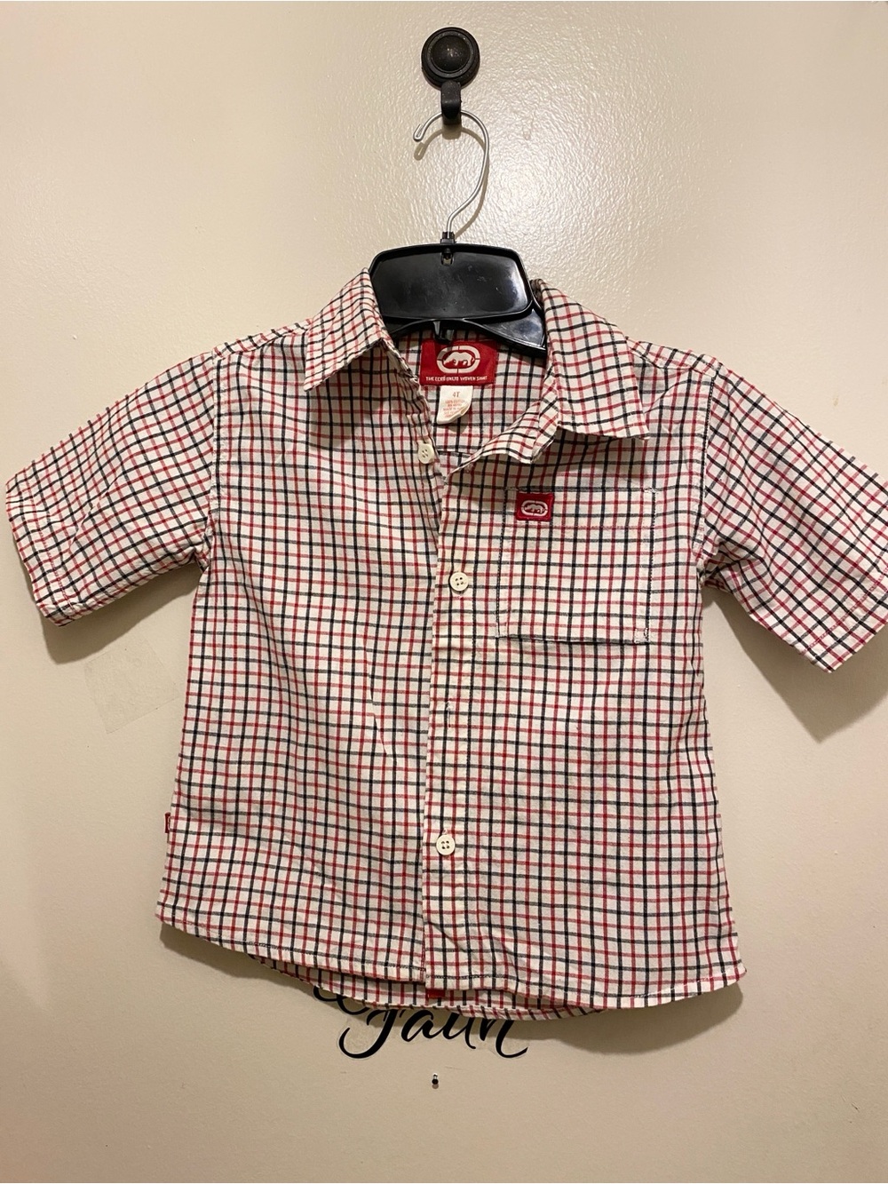 Echo Unltd Woven Short Sleeve Button-Up in White, Red, Navy Plaid. 4T (c)